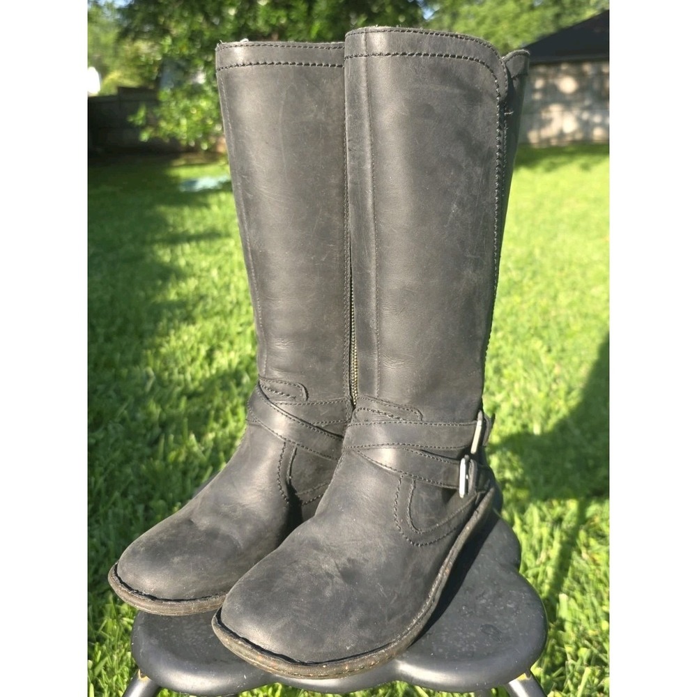 UGG Women 6 ROSEN Black Leather Tall Boot Wool Side Zip Ankle Double Strap Buckl